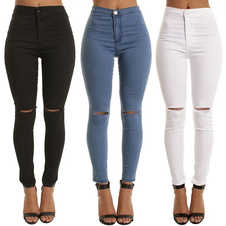 

OEM/ODM High Waist Hole Vintage lady Slim Ripped Denim Pencil Pants Slim Jeans for Woman jean Pants Plus Size, Customized color