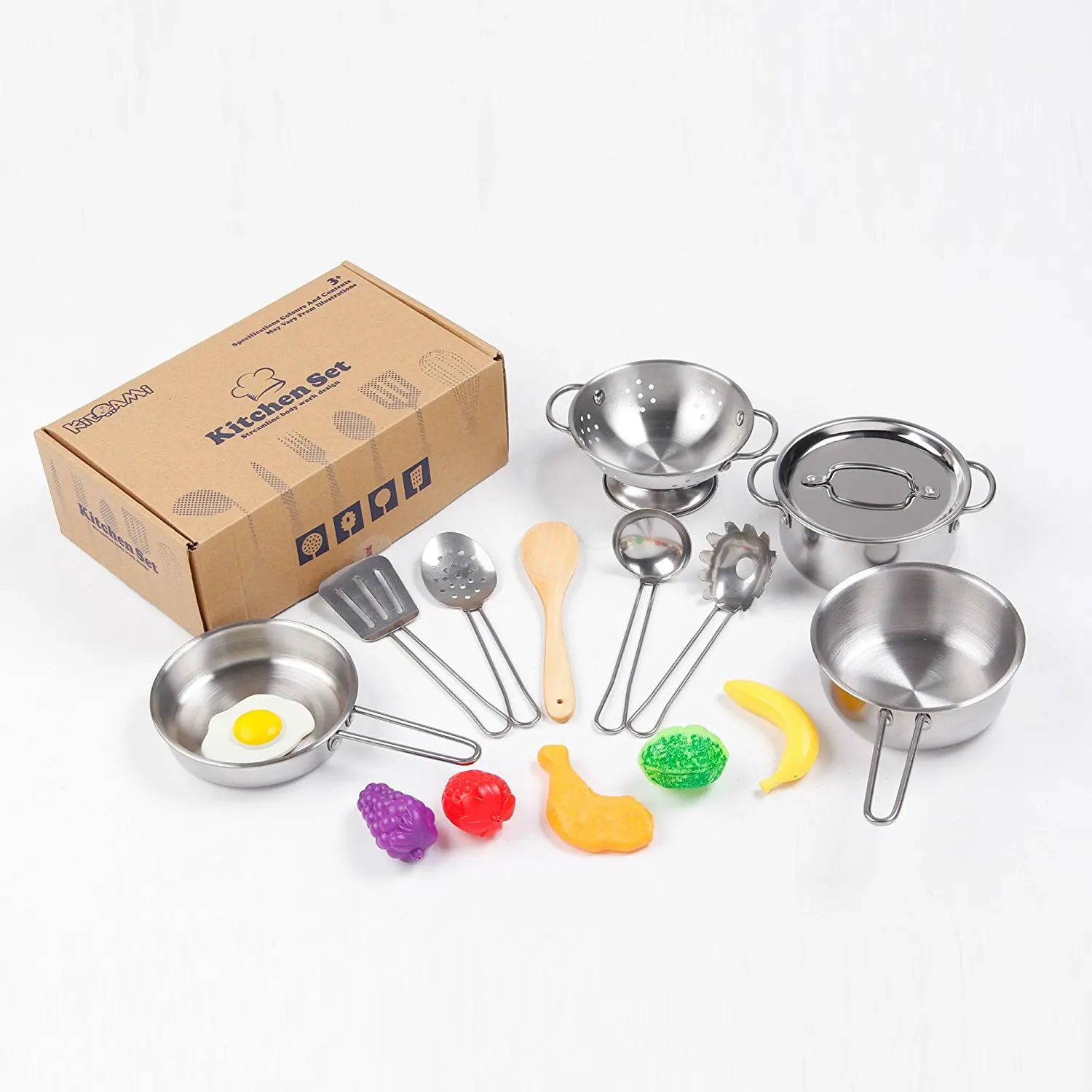 KIDAMI Large Size Kitchen Pretend Toys Stainless Steel Cookware Playset with 16 Pieces of Pots and Pans and Cooking Utensils for Kids Upgrade