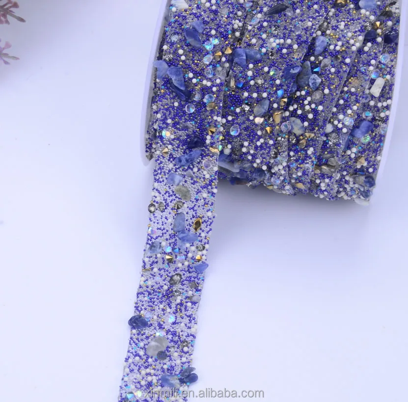 

2CM width blue rhinestone trim mesh strass chain crystal banding bridal applique for wedding dress decoration