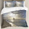 Duvet Cover Set, A Sailing Ship Close to Sandy Beach in Moody Sunset Paradise Tropical Theme