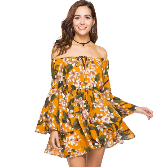 

2019 Bohemian Off Shoulder Dress Floral Print Casual Ladies Ruffled Dress For Woman Spring, Shown