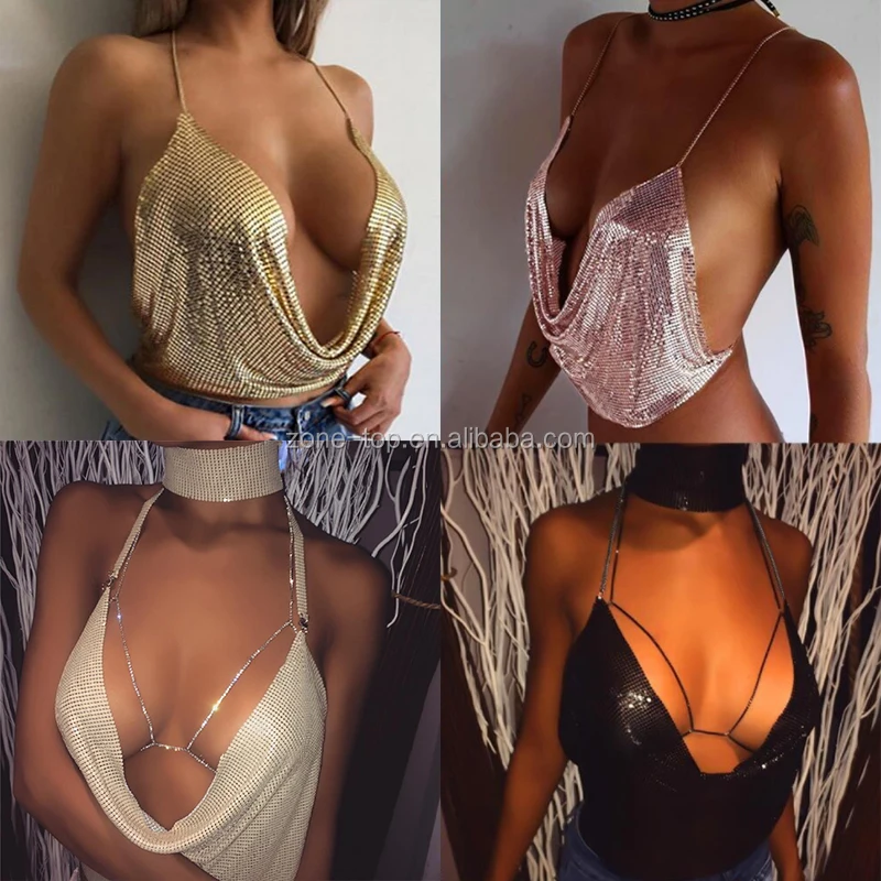 

W-C-317A 2021 Women Sexy Low-cut Backless Sequin Crop Tops Night Club Party Clothes