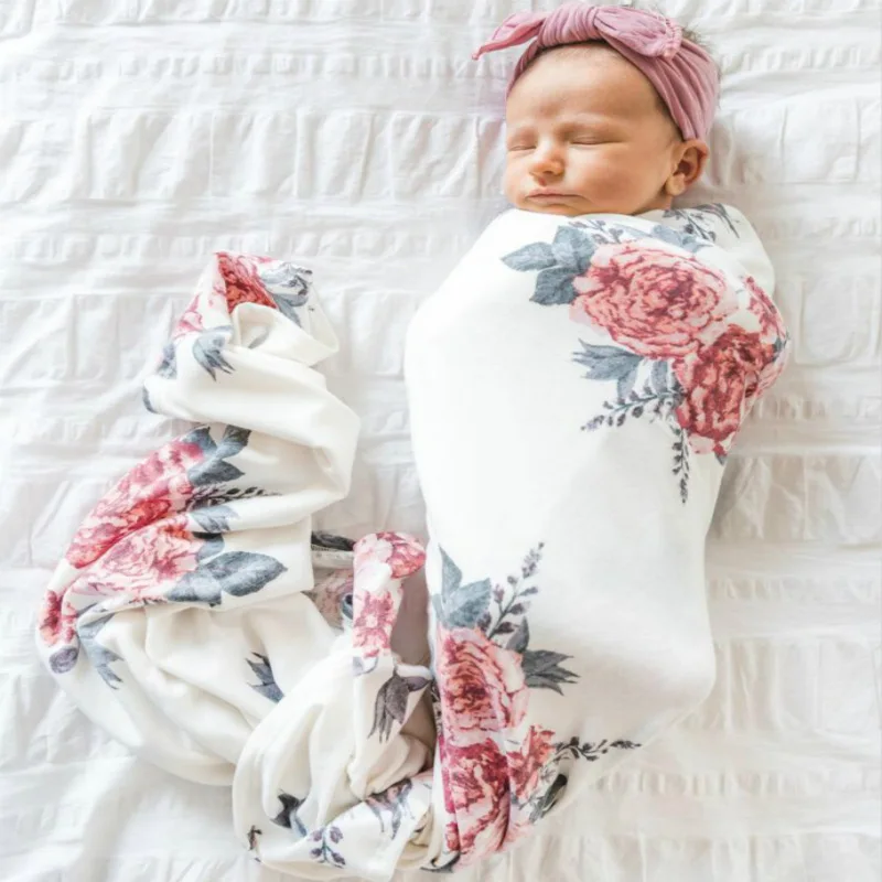 

Newborn Infant baby blankets newborn photography Floral Swaddle Turban Hat Soft Sleeping Blanket Wrap Set, As picture