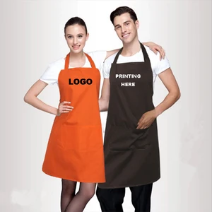 Image of Free Shipping Customized Your Logo 2 Front Pockets Plain Color Comfortable Unisex Cheap Kitchen Apron