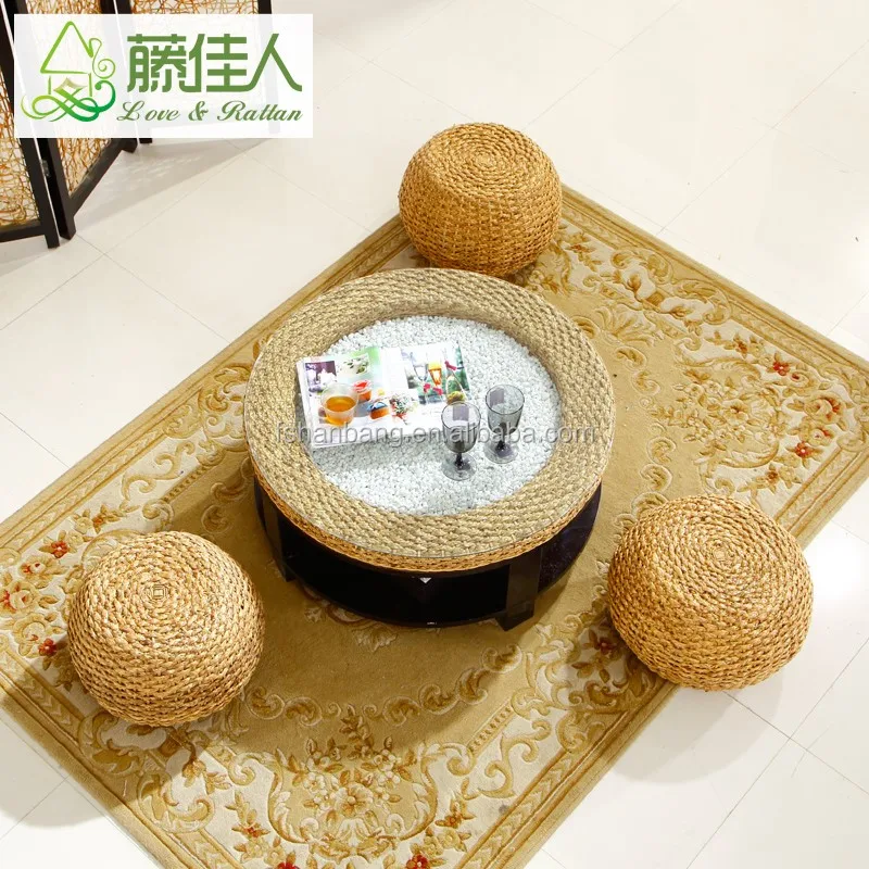 Cheapest Unique Water Hyacinth Stool Natural Seaweed Round Ottoman Rattan footstool