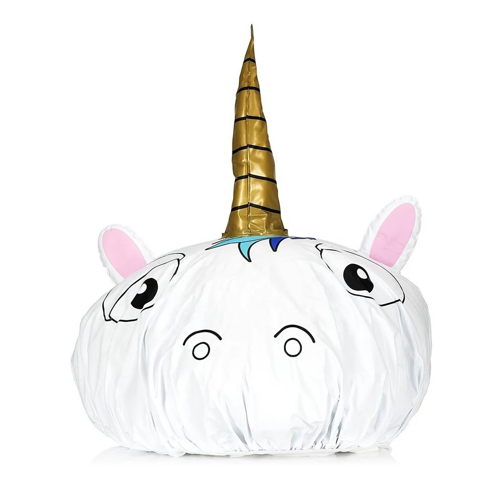 

2019 New Custom Design Funky Novelty Disposable Gold Horn 3D Cute Unicorn Animal Waterproof Baby Kids Shampoo Bath Shower Cap, White