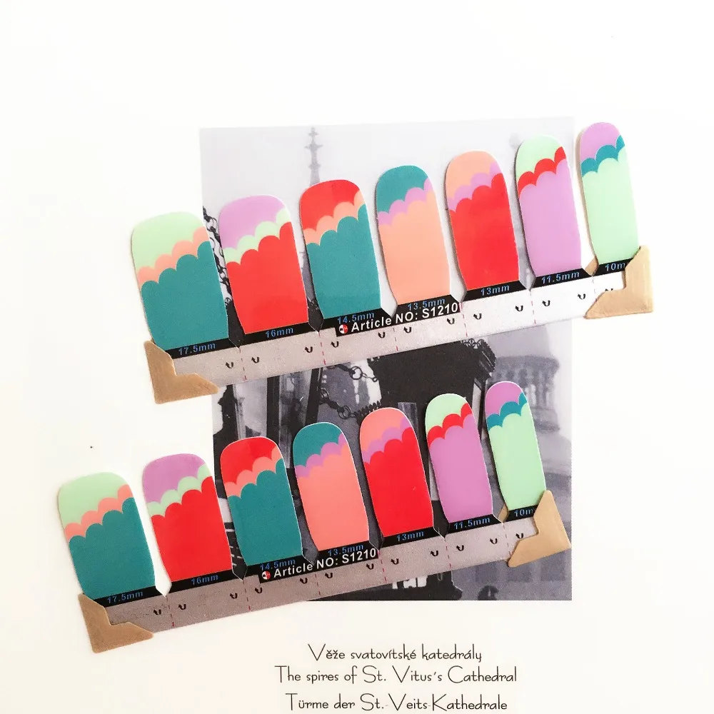 Modern Green Red Wavy Nail Arts Stickers 14 pcs set Full Tape Patch Waterproof Foils Decals