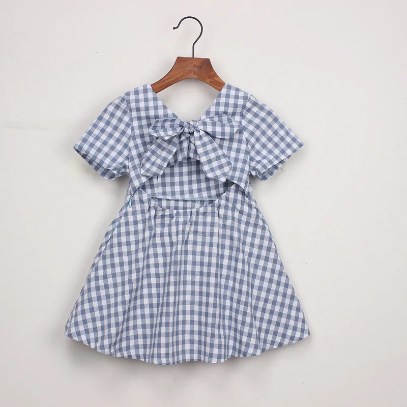 

2019 hot sale baby girls dress designs kid's short sleeve dress casual children's plaid skirt lovely bow backless dress