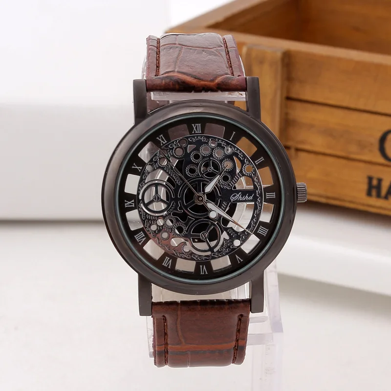 

Fashion Business Skeleton Watch Men Engraving Hollow Reloj Hombre Dress Quartz Wristwatch Leather Band Clock Relojes Mujer