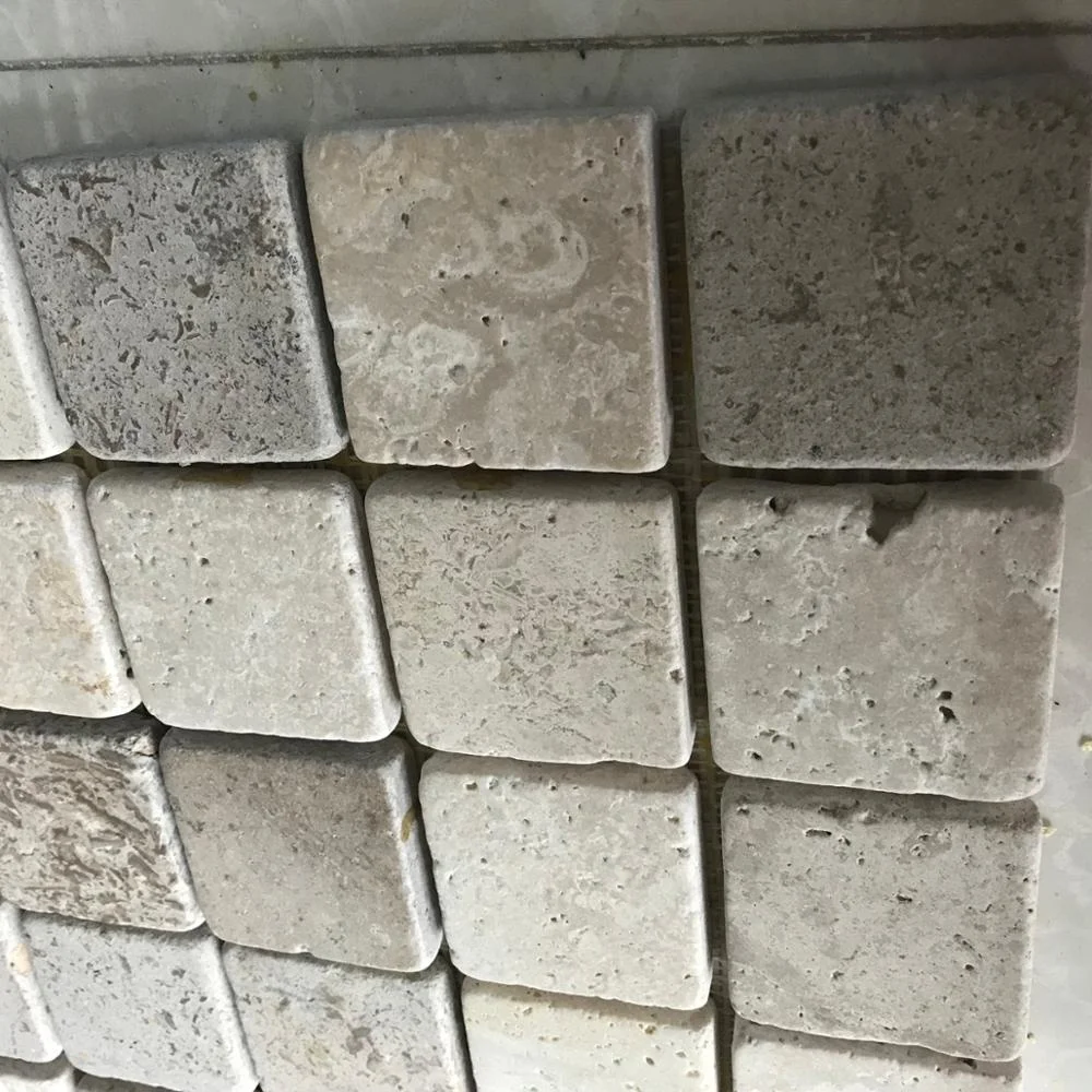 Chinese beige natural travertine stone mosaic outdoor floor mat tiles with mesh backing