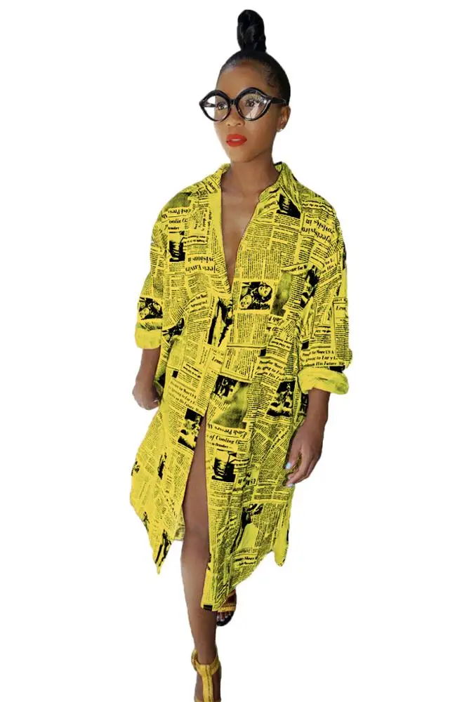 
New Arrivals Spring Fashion Women Casual Turndown Collar Single Breasted Newspaper Pattern Print Tunic Shirt Dress 