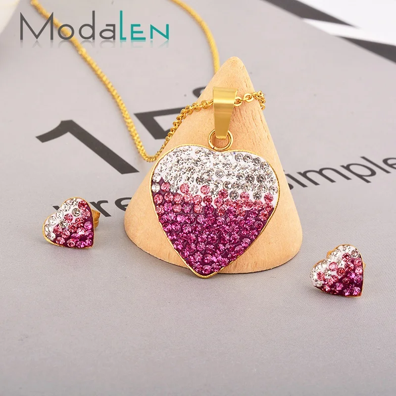 

Modalen Heart Shaped Stainless Colored Rhinestone Gold Jewelry Set Woman