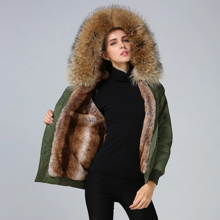 2018 Latest Design Fur Lined Winter Khaki Bomber Jacket Women With Big ...