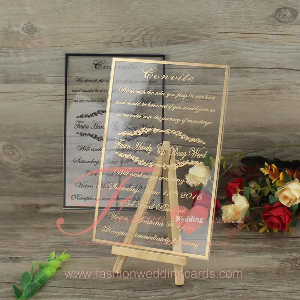  Custom Gold Mirror Engraved Shining Acrylic Wedding Invitation