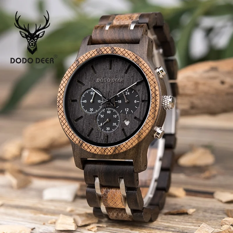 

DODO DEER Wholesale Auto Date Wood Men and Women Business Handmade Sandal wood and Metal Strap Wristwatch