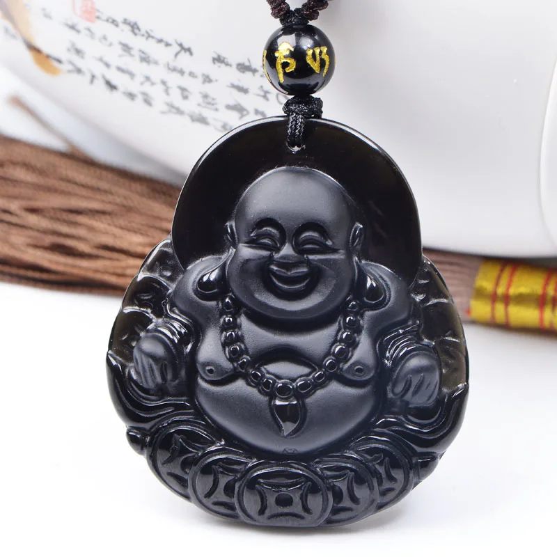 

Natural Obsidian Laughing Money Buddha Pendant Necklace Beads Patron Saint Amulet Mascot lucky Pendant for Men Jewellery
