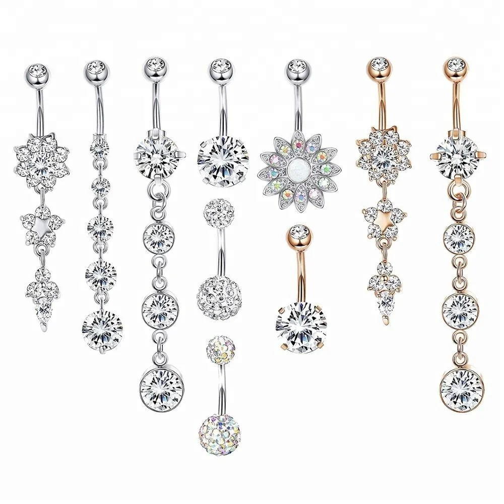 

Flower Clear CZ Dangle Belly Button Ring Free Sample Belly Bar Piercing