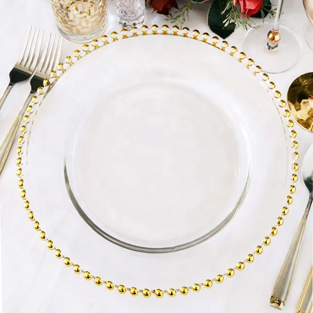 

Beaded Glass Charger Plates for Wedding, Gold, silver and rose gold