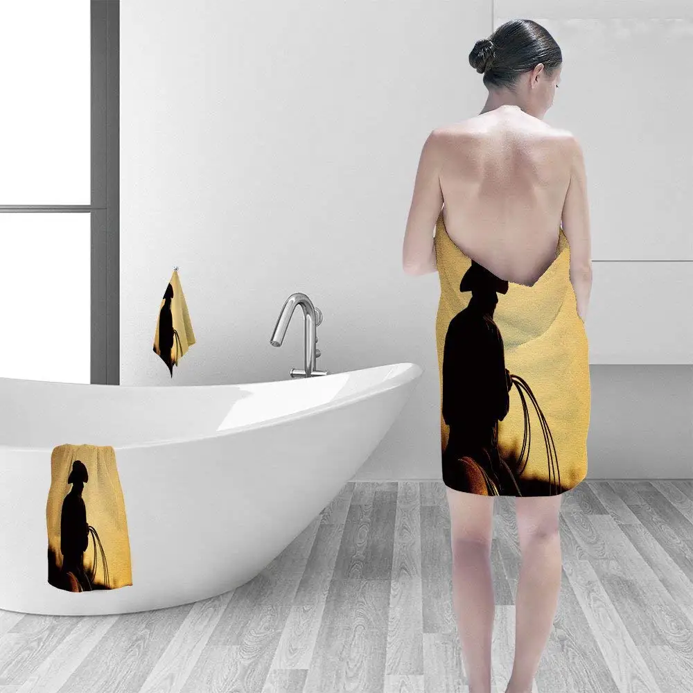 Nalahomeqq Bath towel set cowboy lasso silhouette at small town rodeo Buyers note image contains added grain to enhance theme of image 3D Digital Printing No Chemical OdorEco-Friendly Non Toxic