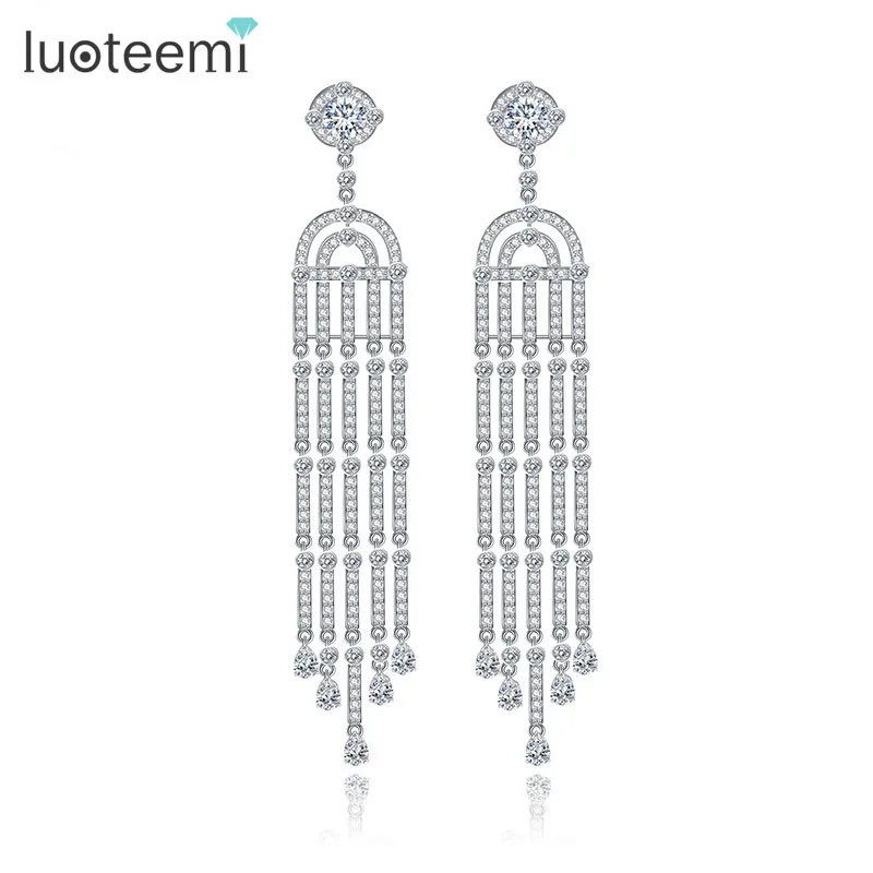 LUOTEEMI Luxury 18K White Gold Plated Long Tassel Design Women Bridal Wedding Dangle Earrings