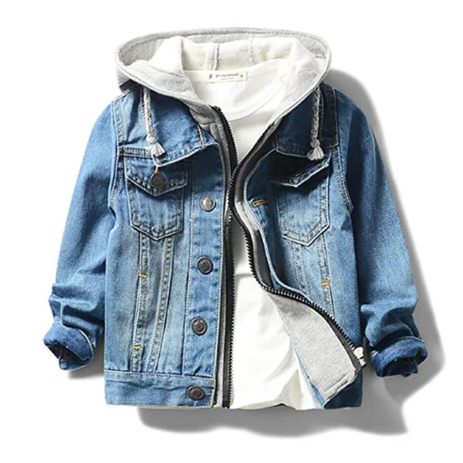 

High quality custom 2019 new design logo print Dropshipping retro blue kids boy denim hoodie jacket, Customized color