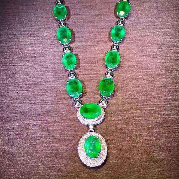 

Saudi Arabia luxury jewelry 18k white gold South Africa real diamond 15ct natural green emerald big gemstone pendant necklace