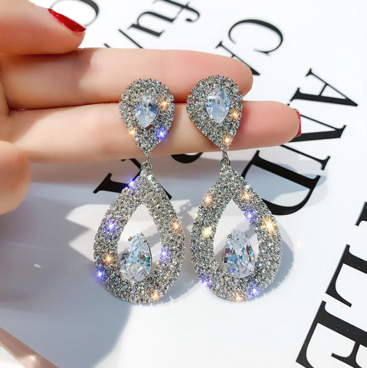 

925 silver new design flashing exaggerated rhinestone double drop shape earrings women, Multi color