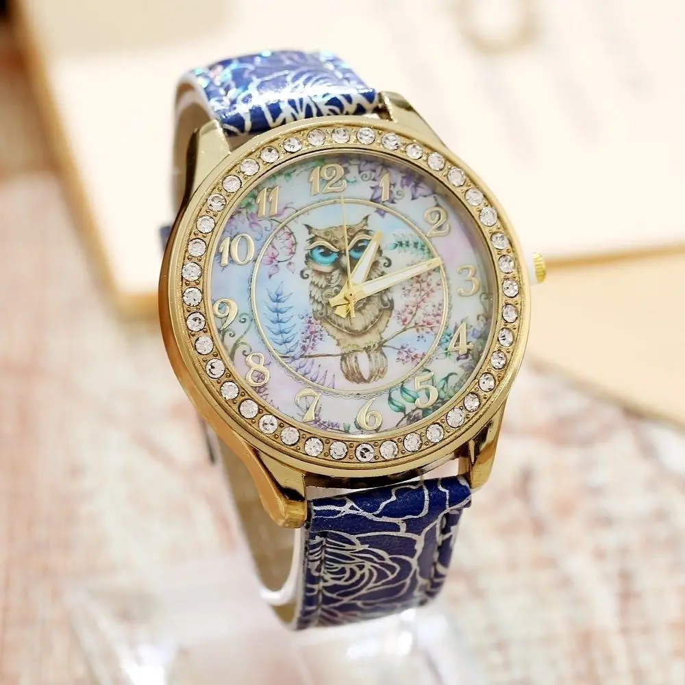 

Platinum Pu Leather Little Owl Style Watch Woman Vintage Retro Women Wristwatch Golden Rim Girl Dama Lady Clock