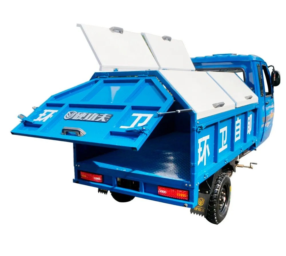 motorized gas powered three wheel sanitation tricycle with dump with closed cabin