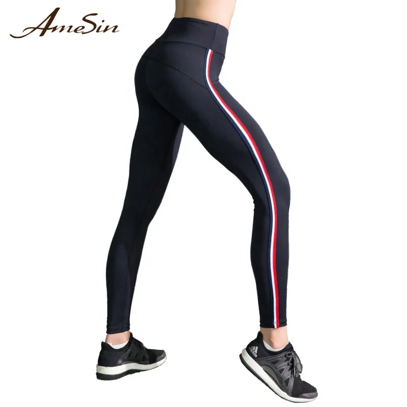 

AMESIN YLF030 High Waist Lulu Striped Women Black Leggings Yoga Pants, Black;grey or custom your color