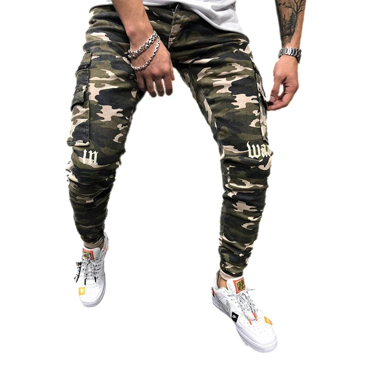 2019 Factory wholesale new style camouflage lettered jeans multi-pocket trousers