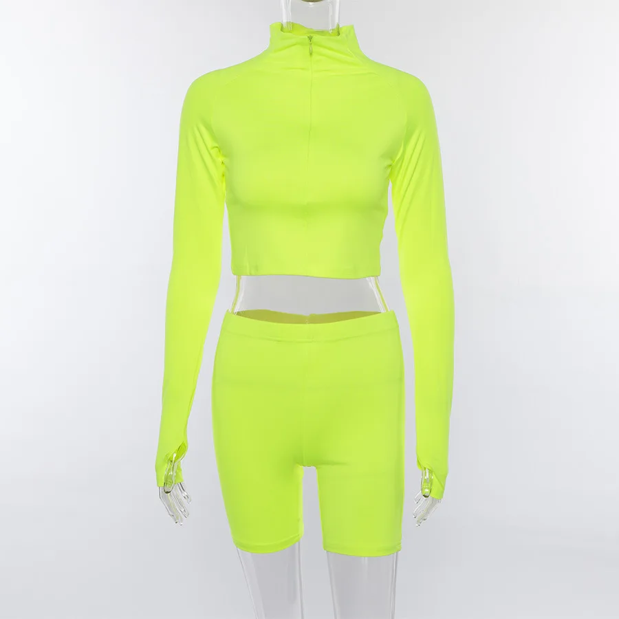 

Summer Casual Women Sports Outfit Set Long Sleeve Crop Top Zipper Hoodie High Waist Short Slim Leggings Fitness Sport Wear