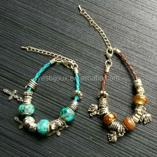 

leather charm bead bracelet lampwork european bead jewelry