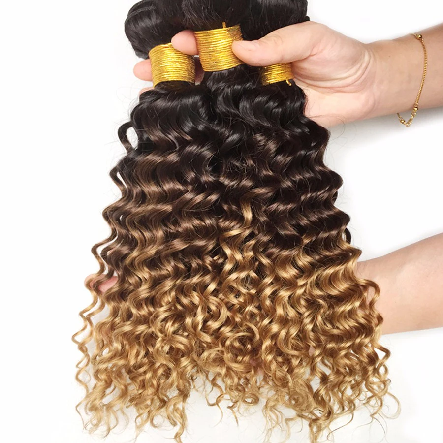 

wholesale virgin hair vendors ombre color Brazilian hair extension 1B/4/27 deep wave hair, Natural color 1b