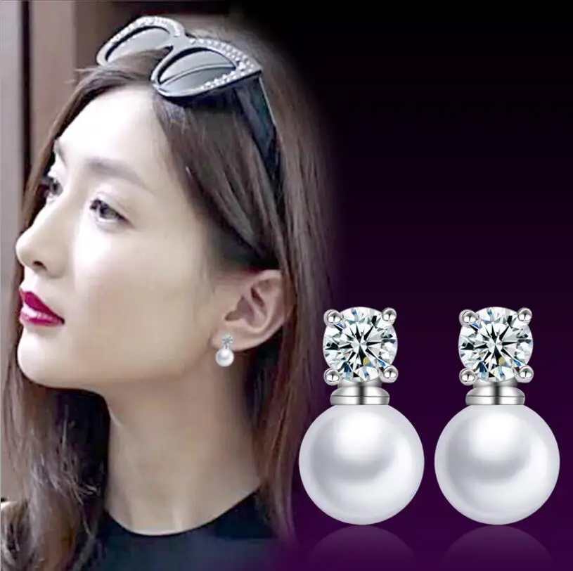 

Elegant round pearl zircon earrings women silver earring, N/a