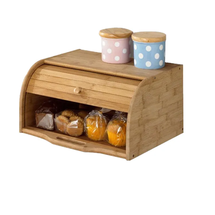 

Wooden bamboo Rolling Top Bread Box Kitchen Food Storage