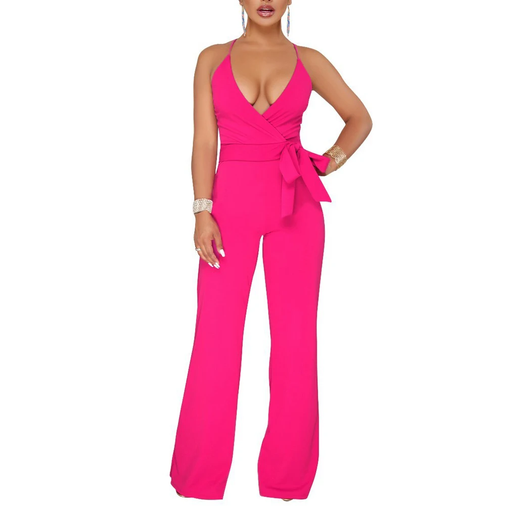 

Great Price Halter Rose Red Bodysuit Bowknot Palazzo One Piece jumpsuit With Long Pants, Black;white;green;rose red