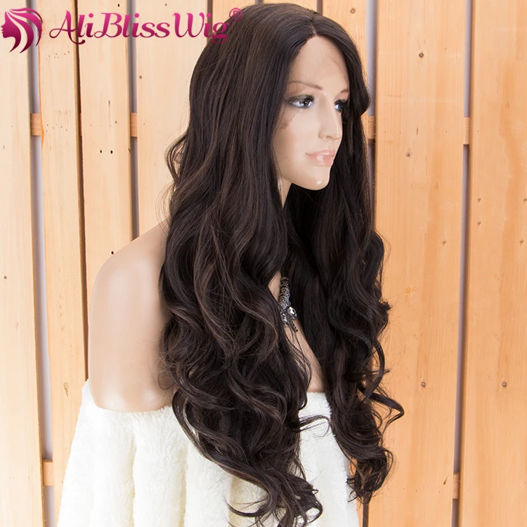 

Ali Bliss Wig Christmas Heat Friendly Long Wavy Curly Dark Brown Highlight Lace Front Party Cosplay Synthetic Wig with Bangs