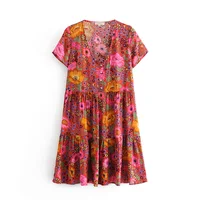 

Short sleeve v neck multi flower printed summer dresses women casual beach clothes