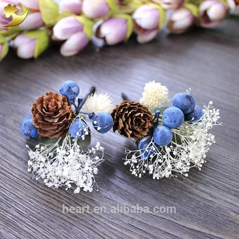 New Design Dried Natural Flowers Fruits Blue Hair Sticks Wedding