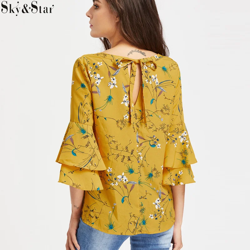 Womens Chiffon Round Neck Floral Long Trumpet Sleeves Tops Slim Blouses NEW C609 Womens Chiffon Round Neck Floral Long Trumpet Sleeves Tops Slim Blouses NEW C609