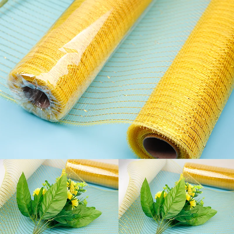 Flower Decorative Wrapping Gold Stripes Yellow Poly Deco Mesh Roll