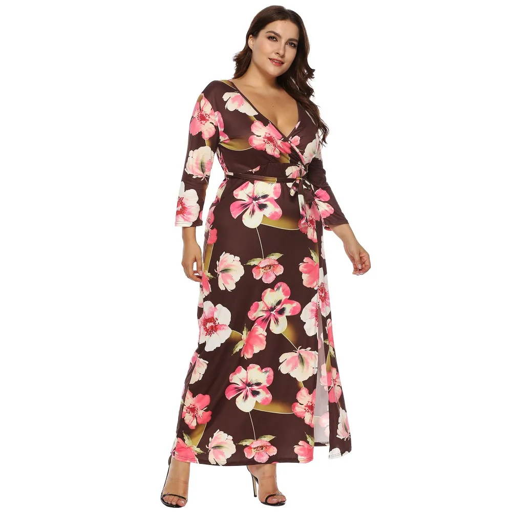 

3XL Plus Size Women Autumn Long Sleeve Retro Floral Vintage Printed Slim Evening Long Casual Dress, Blue/coffee floral print