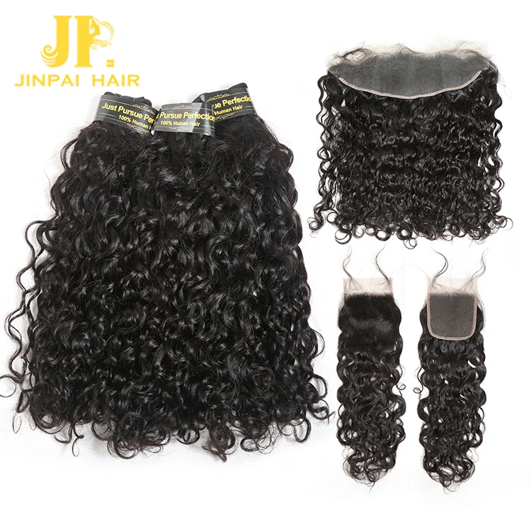 

Raw Unprocessed brazilian hair 3 bundles with closure Wholesale Ear To Ear Lace Frontal Closure With water wave weave Bundle, Natural black