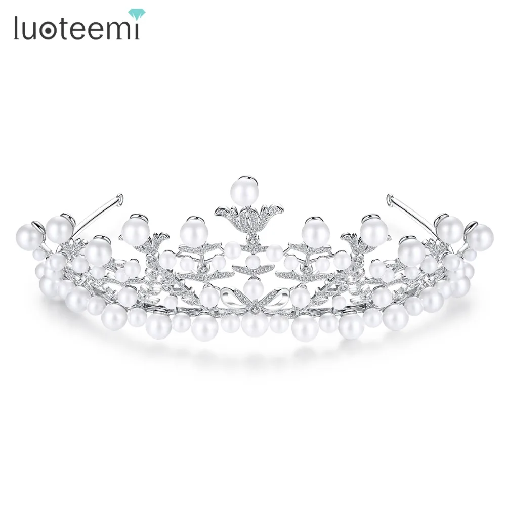 

LUOTEEMI Bride Headbands Wedding Hair Accessories Wedding Pageant Tiaras Crown Fashion Pearls Bridal Wedding Big Tiara Crowns