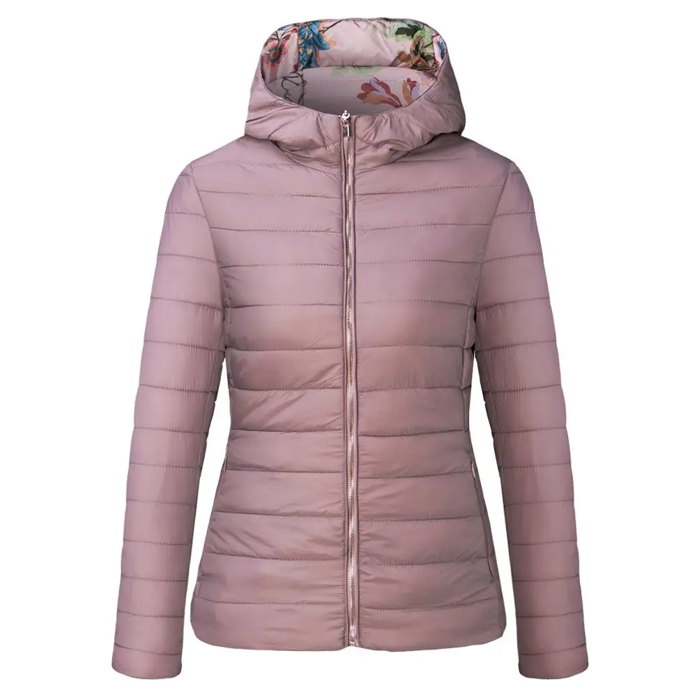 

Reversible Padding Printed Polyester Short Coat With Hooded Woman Winter Jacket, Pink, deep green