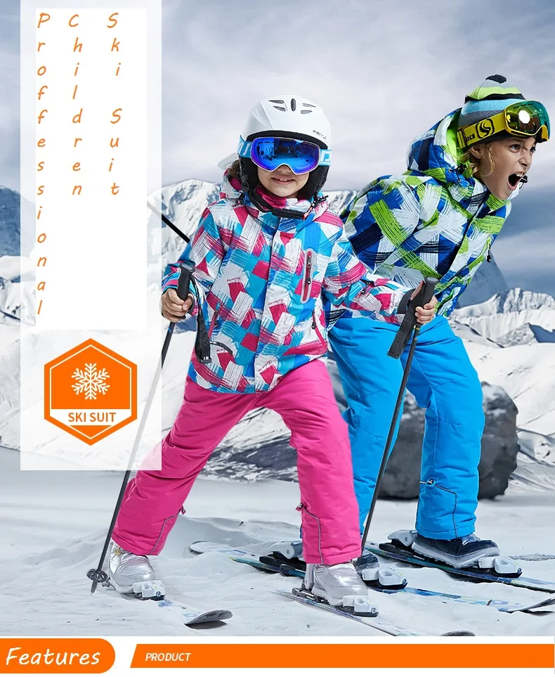 

Children Winter Thermal Ski Suit Waterproof Pants+Jacket Set Boy/Girl's Winter Sports Thickened Clothes Windproof Kid Ski Suits, Picture