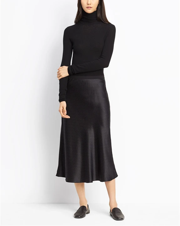 High Waisted Black Polka Dot Midi Length Skirt