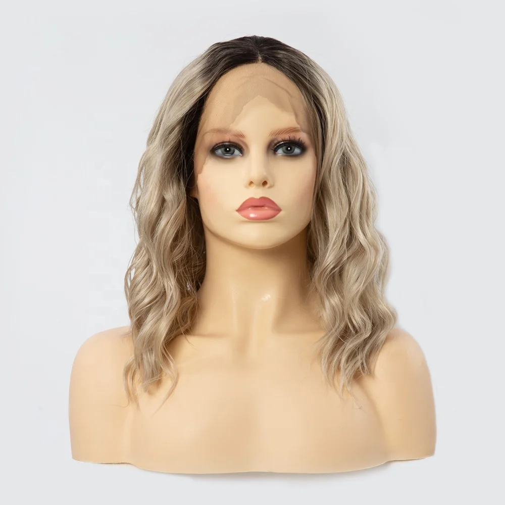 

In stock ombre front lace wig short wave synthetic hair lace front wigs high heat fiber for black women