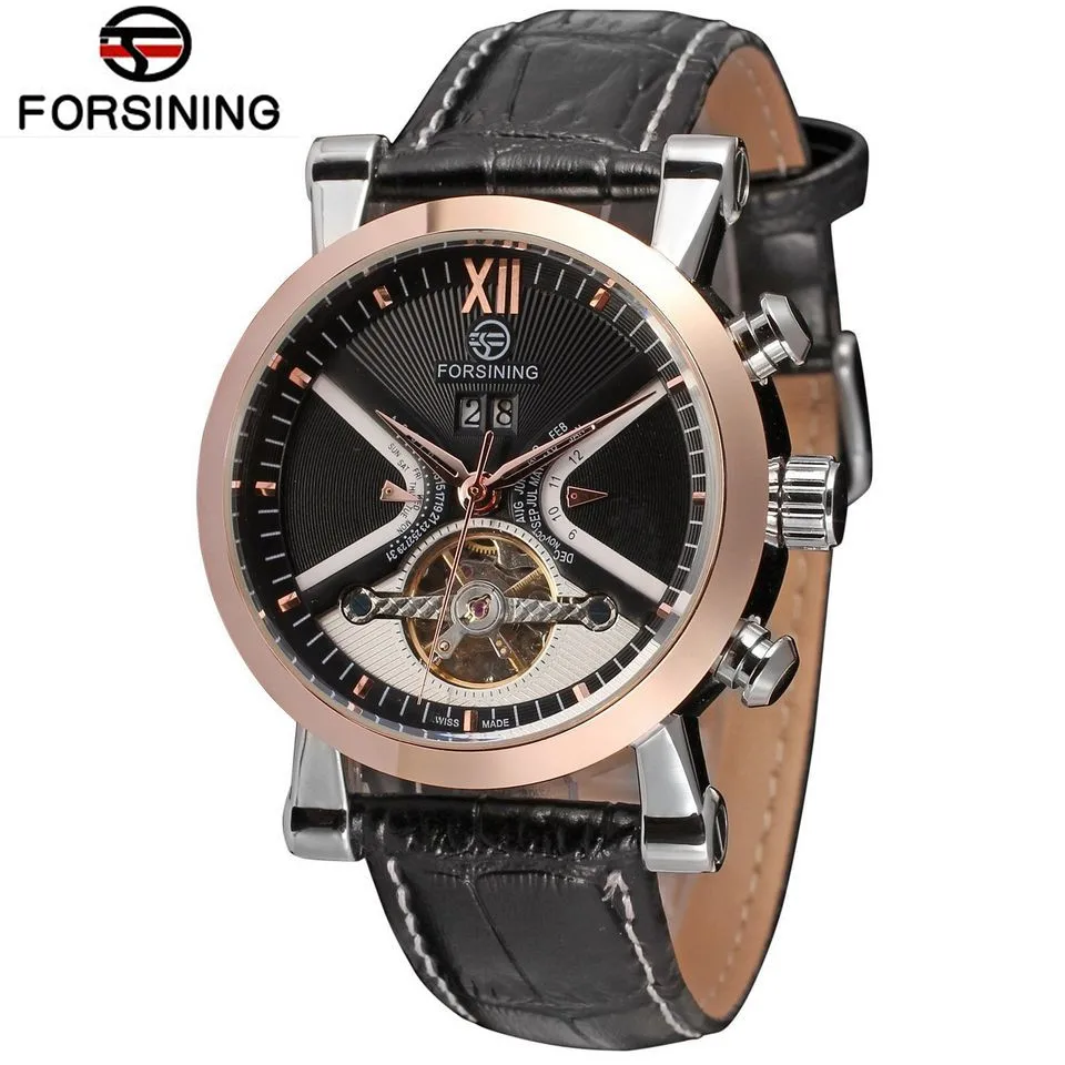 

2016 FORSINING Brand Mens Automatic Mechanical Watch Leather Men Wrist watches, Gold black white